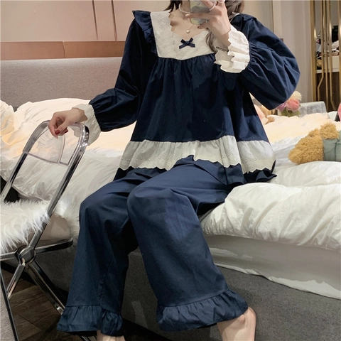 Damen Süßer Retro Palast-Stil Marineblau Baumwolle Hausanzug Mit Spitzenbesatz Eckiger Ausschnitt Schleife Langarm Top Und Hose