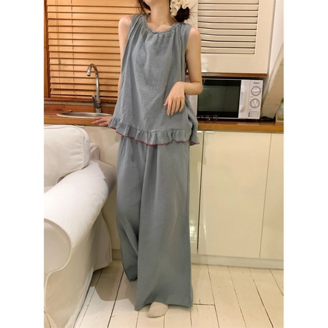 Set Pigiama Senza Maniche con Volant da Donna in Cotone Tinta Unita Loungewear Top Senza Maniche e Pantaloni a Gamba Larga