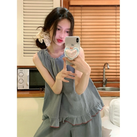 Set Pigiama Senza Maniche con Volant da Donna in Cotone Tinta Unita Loungewear Top Senza Maniche e Pantaloni a Gamba Larga