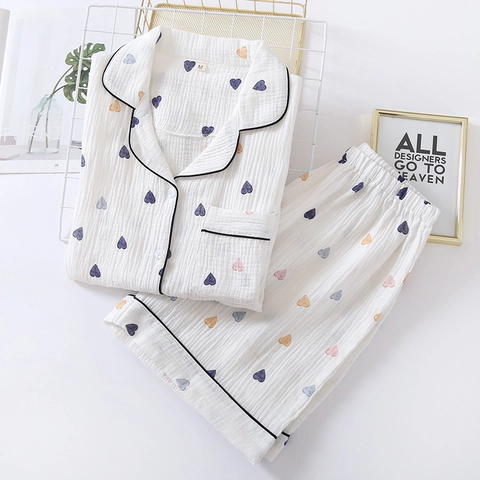 Damen Sommer Baumwolle Gaze Schlafanzug Set Mehrfarbig Herz Druck Kurzarm Knopfleiste Top Und Shorts Lounge Wear