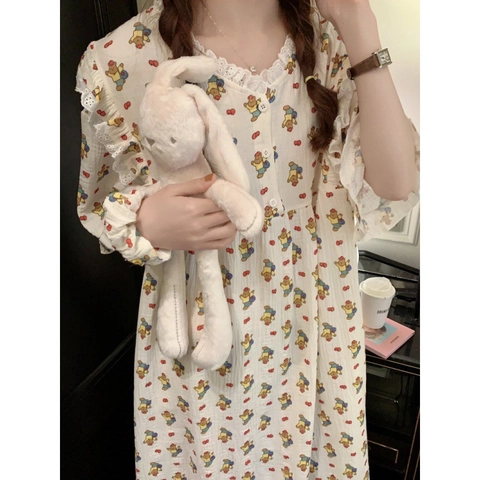 Camicia da Notte Dolce in Cotone da Donna con Scollo a V Stampa Orso Cartone Ciliegia Manica Corta Abito da Notte con Pizzo
