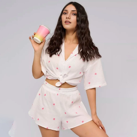 Pijama de Algodón Casual para Mujer Estampado de Corazón Camisa de Manga Corta Y Pantalones Cortos Ropa de Dormir Solapa Botones