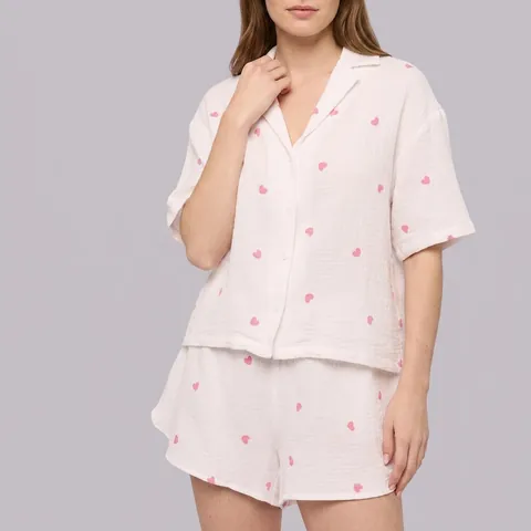 Pijama de Algodón Casual para Mujer Estampado de Corazón Camisa de Manga Corta Y Pantalones Cortos Ropa de Dormir Solapa Botones
