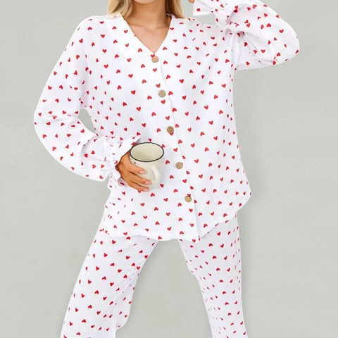 Women's 100% Cotton Heart Print Pajama Set Long Sleeve Button Down Top And Pants Casual Soft Sleepwear Home Nightwear