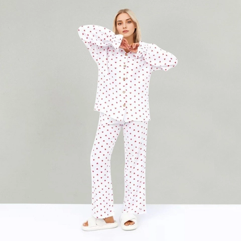 Women's 100% Cotton Heart Print Pajama Set Long Sleeve Button Down Top And Pants Casual Soft Sleepwear Home Nightwear