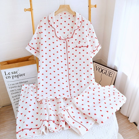 Conjunto de Pijama de 3 Piezas para Mujer Estilo Japonés Gasa de Algodón Estampado Corazón Rojo Top Manga Corta Pantalones