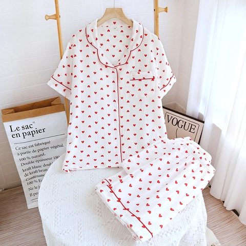 Conjunto de Pijama de 3 Piezas para Mujer Estilo Japonés Gasa de Algodón Estampado Corazón Rojo Top Manga Corta Pantalones