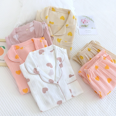 Ensemble de Pyjama Décontracté en Gaze de Coton pour Femmes Imprimé Cœur Revers Manches Longues Haut et Pantalon