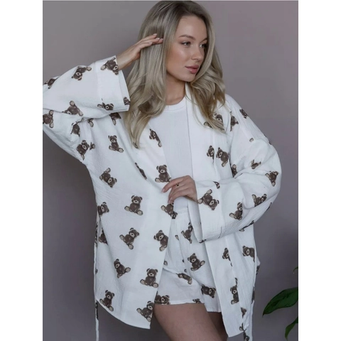Damen Musselin Baumwolle Cartoon Bär Druck Schlafanzug Langarm Bindung Oberteil Und Passende Shorts Casual Home Wear