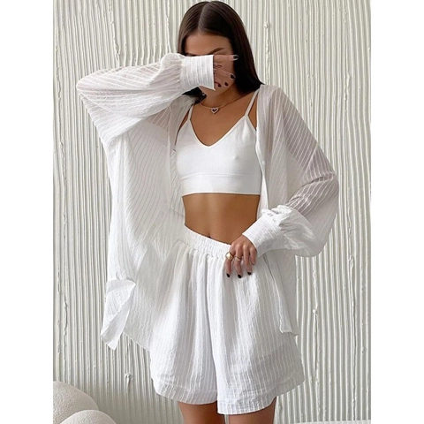 Conjunto de Camisa y Pantalones Cortos a Rayas Casual para Mujer Viscosa Nailon Top Oversized Pantalones Cortos Vacaciones