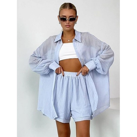 Conjunto de Camisa y Pantalones Cortos a Rayas Casual para Mujer Viscosa Nailon Top Oversized Pantalones Cortos Vacaciones