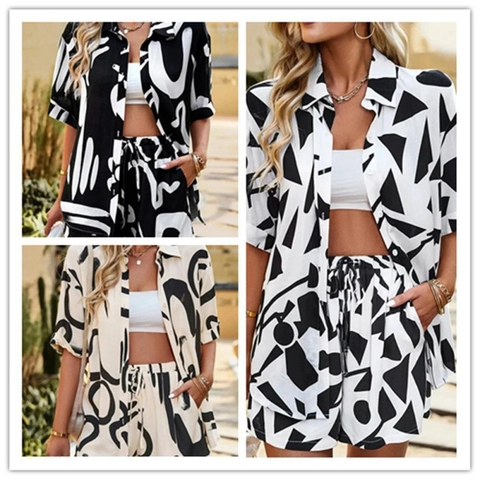 Damen Abstract Print Kurzarm Button Up Hemd Und Kordelzug Shorts Urlaub Casual Streetwear Sommer Outfit Für Damen