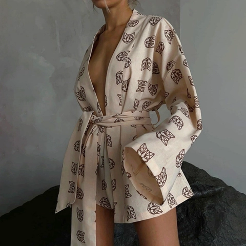 Set da Casa Donna Top a Portafoglio Kimono a Maniche Lunghe E Pantaloncini con Vita Elastica Animale Geometrico Stampa di Lettere Pigiama Casual