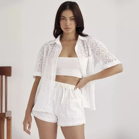 Dames Casual Broderie Anglaise Overhemd Hemdje En Shorts Set Wit Opengewerkt Vakantie Boho Driedelig Outfit Zomer