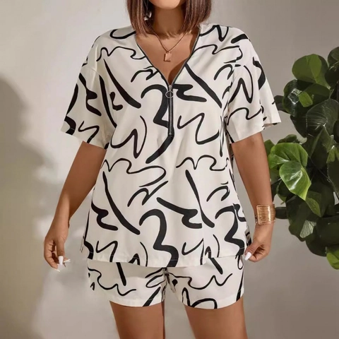 Donna Casual Stampa Geometrica Astratta Top E Pantaloni Scollo a V Cerniera Manica Corta Estate Lounge Outfit