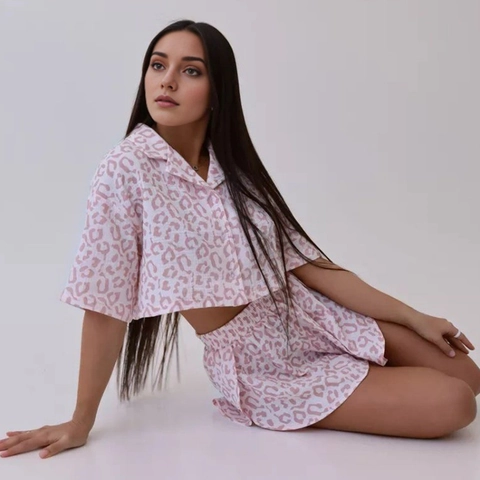 Damen Baumwolle Schlafanzug Kurzarm Hemd Und Split Shorts Zwei Teile Leopardenmuster Herz Druck Schlafanzug Lounge-Mode