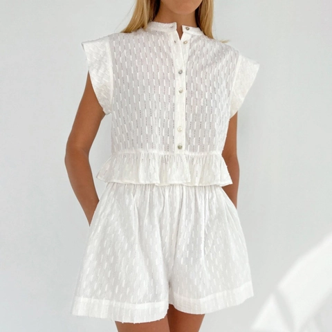 Conjunto de Dos Piezas Informal para Mujer Camisa Jacquard de Manga Corta con Dobladillo Volante y Pantalones Cortos