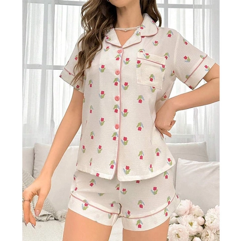 Pigiama da Donna Estivo a Fiori Set Maglia a Maniche Corte Con Bottoni E Pantaloncini Bianco Crema Stampa Tulipano