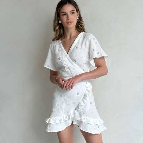 Damen Wickel Nachthemd Aus Reiner Baumwolle Kurzarm V-Ausschnitt Herzprint Rüschensaum Lässige Schlafanzug Hauskleid Loungewear