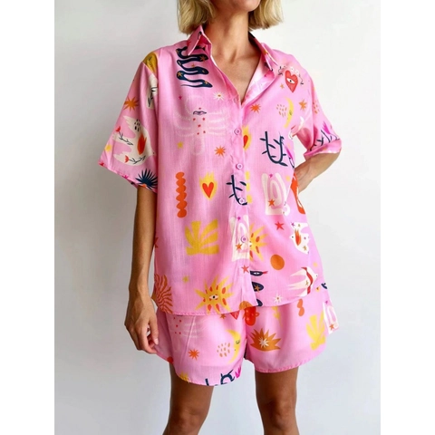 Damen Casual Künstlerischer Druck Zweiteiler Kurzarm Revers Button Down Hemd Und Elastische Taille Shorts Urlaub Outfit