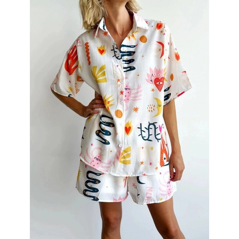 Damen Casual Künstlerischer Druck Zweiteiler Kurzarm Revers Button Down Hemd Und Elastische Taille Shorts Urlaub Outfit