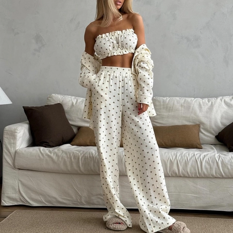 Damen Herz Print Schlafanzug Set Baumwolle Langarm Shirt Bandeau Top Und Lange Hose Lässige Homewear Nachtwäsche