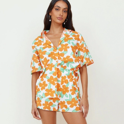 Damen Blumendruck Kurzarm Hemd Mit Knöpfen Und Revers Mit Shorts Loungewear Pyjama Sommer Casual Mode Urlaub Homewear