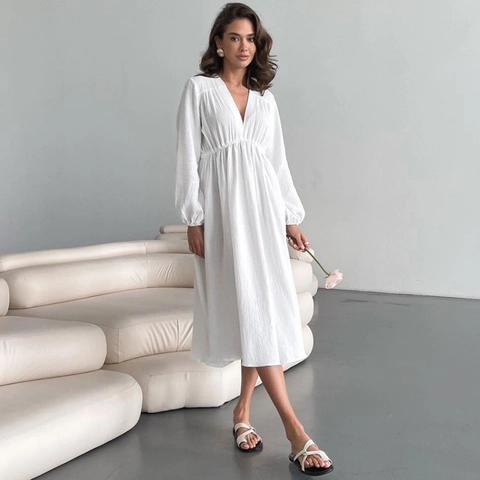 Vestaglia da Donna in Garza di Cotone Stropicciato 100% Scollo a V Maniche Lunghe Vita Alta Elegante Traspirante Tinta Unita Camicia da Notte Lounge