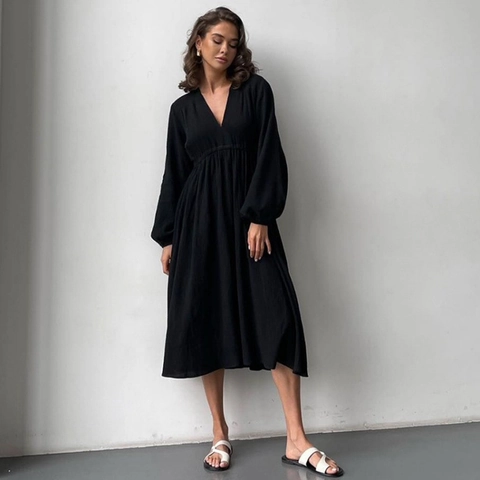 Vestaglia da Donna in Garza di Cotone Stropicciato 100% Scollo a V Maniche Lunghe Vita Alta Elegante Traspirante Tinta Unita Camicia da Notte Lounge