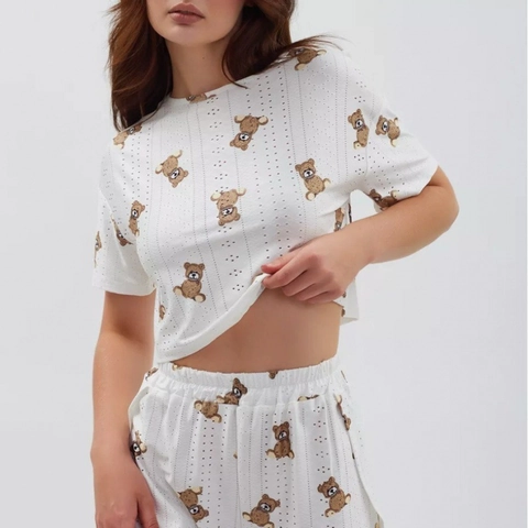Loungewear Donna Casual in Maglia Traforata Top Corto e Pantaloncini con Stampa Orso Cuore Pigiama Estivo Traspirante