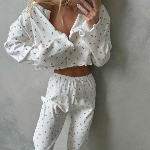 Pigiama da Donna a Costine con Stampa Floreale Top Cardigan a Maniche Lunghe e Pantaloni Lunghi a Vita Alta Abbigliamento da Casa