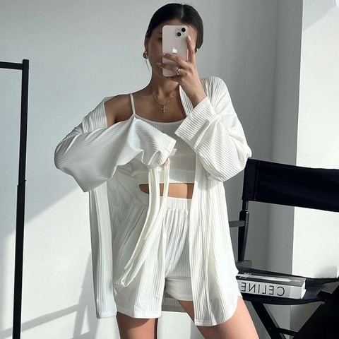 Ropa de Estar por Casa de Punto Acanalado para Mujer Cárdigan Camisola Y Pantalones Cortos Pijama Color Sólido