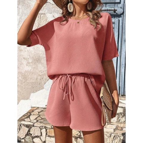 Damen Waffelstrick Polyester Top Und Shorts Outfits Rundhalsausschnitt Kurzarm Lässige Lockere Loungewear Zweiteiler Kleidung Sets