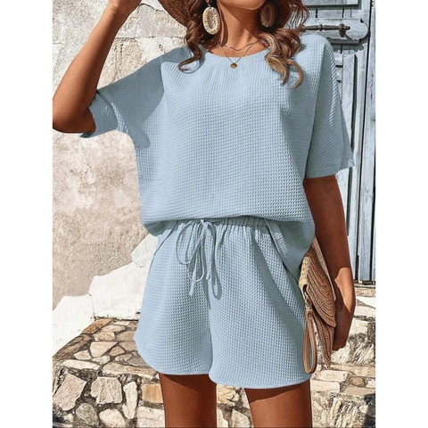 Damen Waffelstrick Polyester Top Und Shorts Outfits Rundhalsausschnitt Kurzarm Lässige Lockere Loungewear Zweiteiler Kleidung Sets