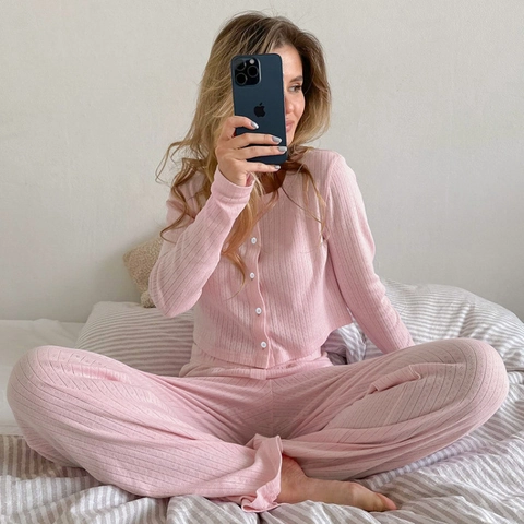 Conjunto de Pijama Casual de Punto Acanalado para Mujer Top Con Botones Y Pantalones Ropa de Casa Dos Piezas Color Sólido