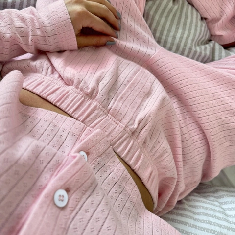 Conjunto de Pijama Casual de Punto Acanalado para Mujer Top Con Botones Y Pantalones Ropa de Casa Dos Piezas Color Sólido