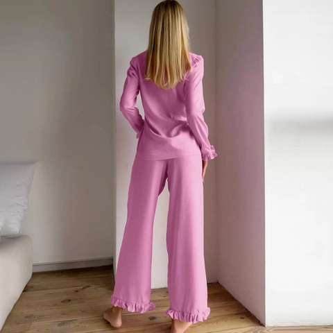 Set Pigiama in Raso da Donna Manica Lunga Volant Camicia Abbottonata Pantaloni Lunghi Abbigliamento da Notte Morbido Ampio Casual Completo Due Pezzi
