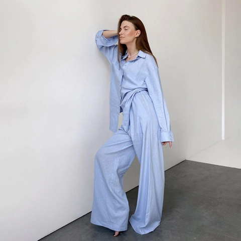 Women 100% Cotton Pajama Set Long Sleeve Button Down Shirt And Wide Leg Pants Solid Blue Loungewear Sleepwear Casual Home Wear
