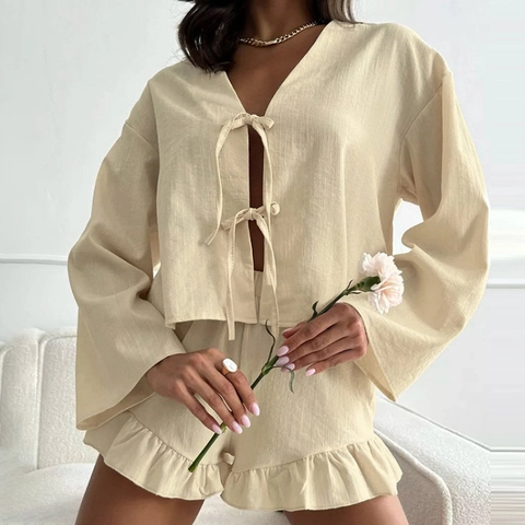 Ensemble Homewear 2 Pièces Femme Coton Top Manches Longues Col en V Lacets Short à Volants Pyjama Décontracté