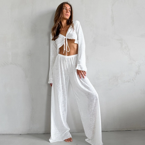Ensemble de Détente Sexy en Tricot pour Femme Haut Court Manches Longues à Lacer Col en V et Pantalon Jambe Large