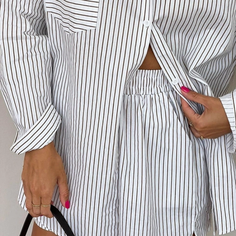 Pigiama a Righe da Donna Camicia in Cotone E Pantaloncini Loungewear Oversize con Bottoni Abbigliamento da Casa Traspirante