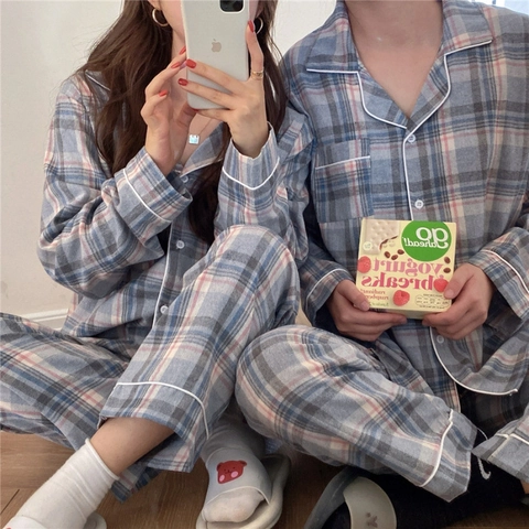 Couple Plaid Pajamas Set Cotton Blend Long Sleeve Button Down Shirt And Pants Home Wear Sleepwear For Men Women