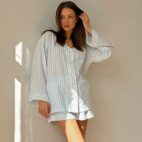 Pigiama In Cotone A Righe Da Donna Top A Manica Lunga Con Scollo A V E Pantaloncini Abbigliamento Da Casa Morbido E Traspirante