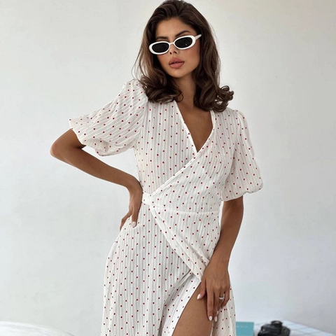 Camicia da Notte Donna con Scollo a V e Stampa a Cuore Maniche a Sbuffo Vestito da Casa in Cotone Pigiameria Estiva Lunga