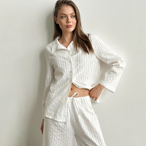 Conjunto de Pijama de Algodón para Mujer Rayas Verticales Camisa de Manga Larga Y Pantalón Ropa de Dormir Casual