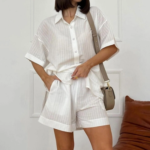 Pijama Transpirable a Rayas Blancas para Mujer Top Y Pantalones Cortos Solapa Manga Corta Con Botones Casual Chic