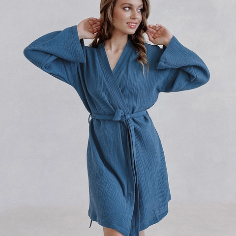 Women Solid Color 100% Cotton Muslin Robe Long Sleeve V-Neck Tied Bathrobe Soft Crinkle Texture Loungewear Sleepwear