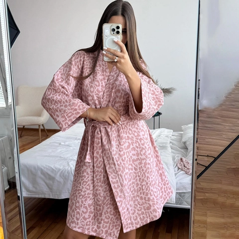 Vestaglia da Donna con Stampa Leopardata Rosa 100% Cotone Mussola Manica Lunga Accappatoio Con Cintura Scollo a V Abbigliamento da Notte