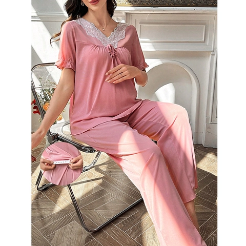 Damen Umstandsmode Still Schlafanzug Set Rosa V Ausschnitt Spitze Schleife Kurzarm Top Lange Hose Weiche Loungewear