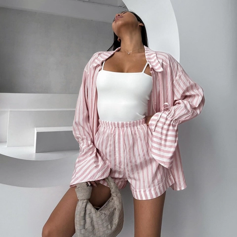 Ensemble de Pyjama Décontracté à Rayures pour Femmes 3 Pièces Chemise Manches Longues et Short Vêtements de Détente